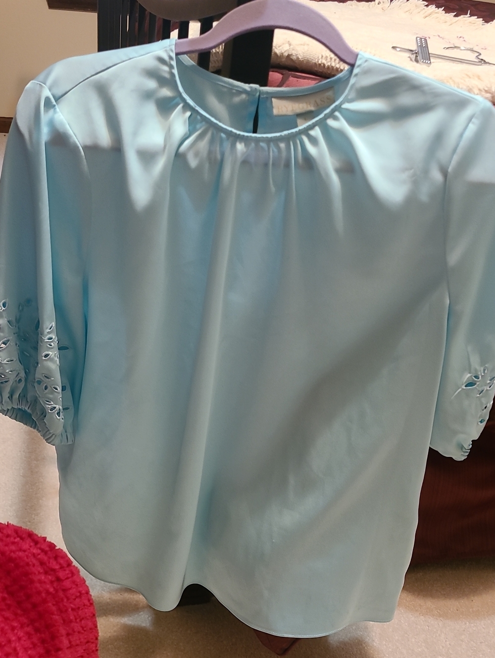 Light Blue Eyelet Sleeve Gathered-Neck Blouse